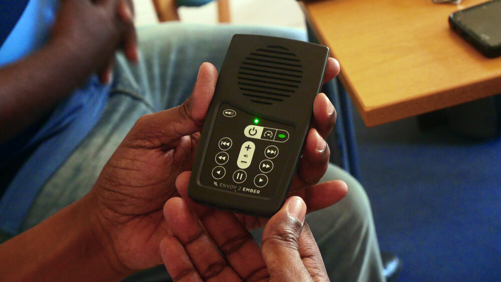 A close up of the Audio Bible showing the small speaker and its various buttons.
